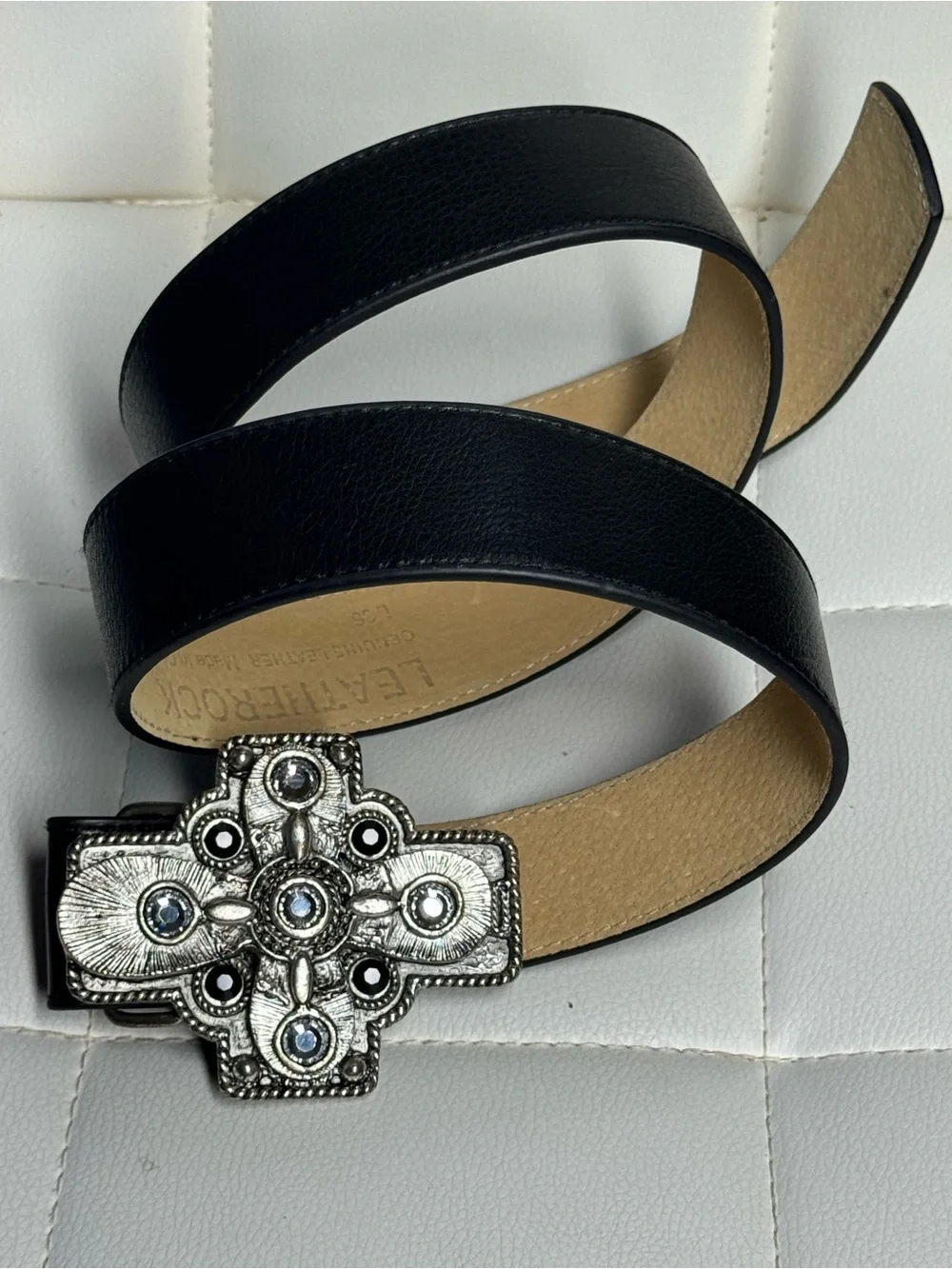 Leatherock Black Leather Belt with Rhinestone Cross Buckle